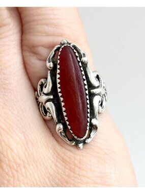 Carnelian Gemstone Jumbo Art Nouveau Sterling Silver 925 Vintage Ring - sz 5